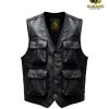 Factory studio flat lay photograph of the custom black leather utility vest showcasing the inner gold-foiled leather neck label, symmetric pockets, and the Surafh Industry branding watermark.