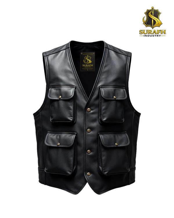 Factory studio flat lay photograph of the custom black leather utility vest showcasing the inner gold-foiled leather neck label, symmetric pockets, and the Surafh Industry branding watermark.