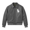 Factory flat lay sample photograph of an OEM men's gray leather motorcycle jacket highlighting the clean collar design, precise front zip track, and symmetric welt pockets.