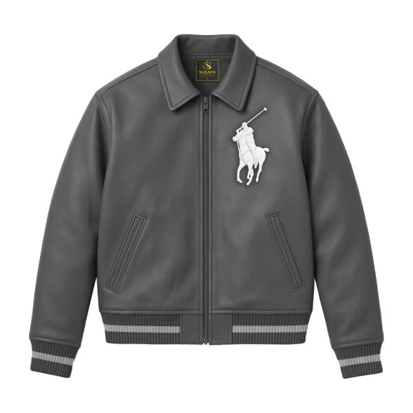 Factory flat lay sample photograph of an OEM men's gray leather motorcycle jacket highlighting the clean collar design, precise front zip track, and symmetric welt pockets.