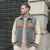 Front and back industrial 3D tech pack mockup of the SU-1012 Heritage Varsity Jacket showcasing the grey wool body, cream leather sleeves, tan chest stripe, and rear SURAFH INDUSTRY branding.