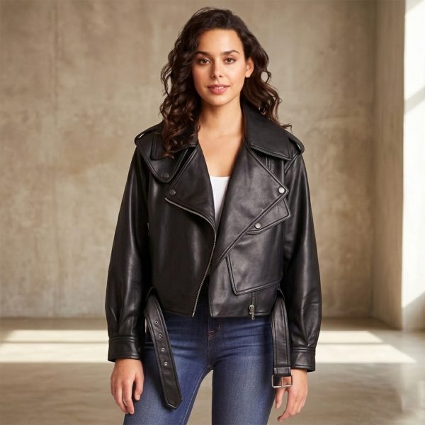 Front view of a woman wearing a women's oversized black leather biker jacket with a draped wide collar, asymmetric zipper, and belted waist paired with blue jeans.