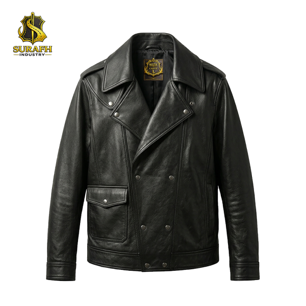 Factory flat lay sample photograph of a men's double-breasted black leather jacket detailing the inner neck lining space, wide collar layout, and lower pocket configuration.