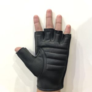 Full flat palm perspective of an OEM fingerless riding glove displaying the ergonomic multi-tier horizontal stitched padding for high-impact palm protection.