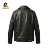 Factory flat lay rear view of the black leather garment highlighting uniform panel symmetry, waist tabs, and the Surafh Industry gold brand watermark placement.