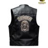 Factory flat lay rear view of the motorcycle vest detailing a high-definition custom skull pilot emblem placement and precise shoulder panel stitching.