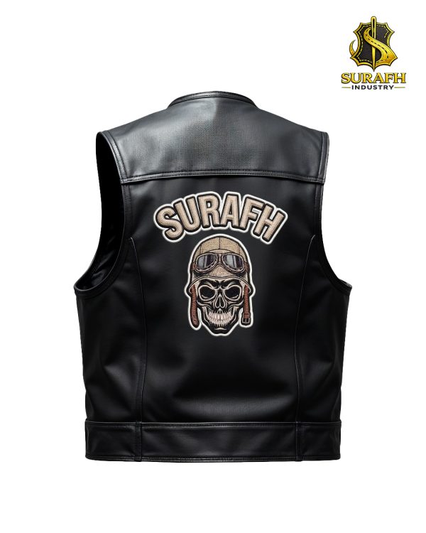 Factory flat lay rear view of the motorcycle vest detailing a high-definition custom skull pilot emblem placement and precise shoulder panel stitching.