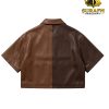 Factory flat lay rear view of the split-panel brown leather garment detailing precise panel symmetry and clean armhole cuff stitching.