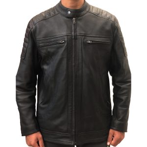 Front view of a sample custom men's black leather cafe racer jacket displaying symmetric chest zip pockets, stand collar, and quilted shoulder details.