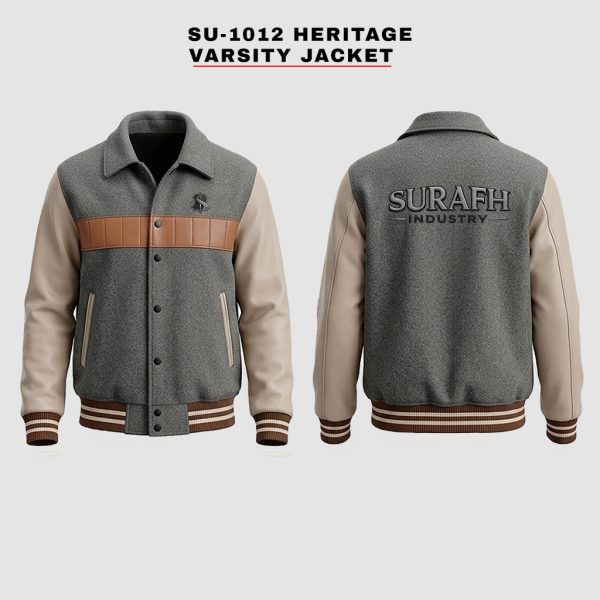 Rear perspective of a model showcasing the varsity jacket, emphasizing the high-density direct gray embroidery of the 'SURAFH INDUSTRY' logo across the upper wool back panel.