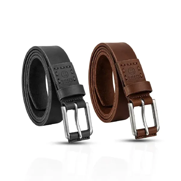 Leather belt wholesale — black and brown prong-buckle belts side by side