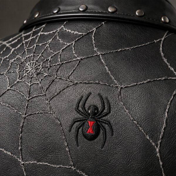 Close-up of widow spider embroidery with red hourglass marking on gothic biker jacket