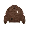 Cross Patch Leather Varsity Jacket in brown - front view