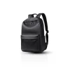 1 Black minimalist leather backpack with front zip pocket, studio shot"