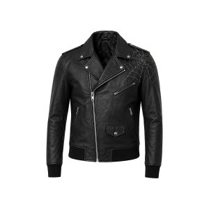 Black gothic biker jacket front view with studded collar and asymmetric zip