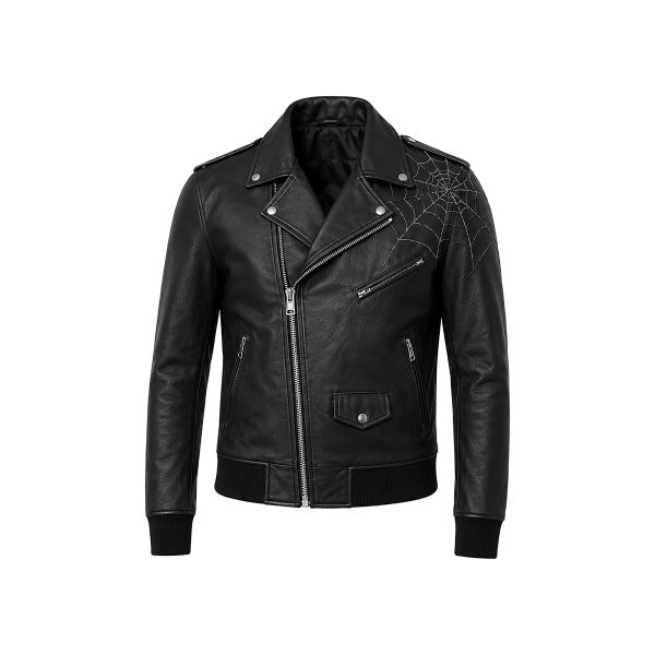 Black gothic biker jacket front view with studded collar and asymmetric zip