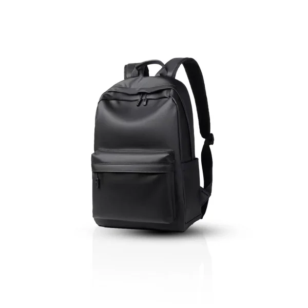 1 Black minimalist leather backpack with front zip pocket, studio shot"
