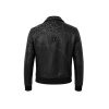 Back view of gothic biker jacket with cobweb embroidery and spider emblem
