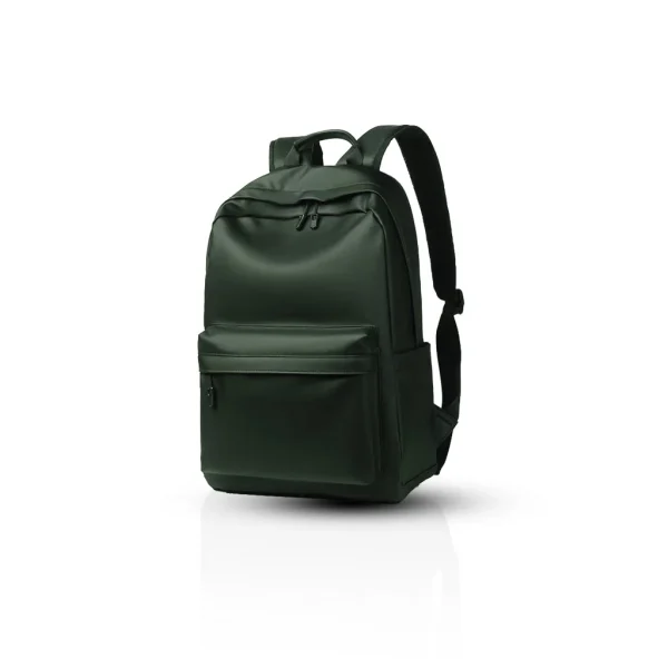 3 Forest green minimalist leather backpack, side angle studio shot"