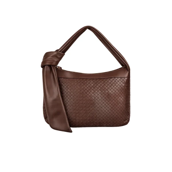Brown crocodile-embossed leather shoulder bag with knot handle, front detail shot"
