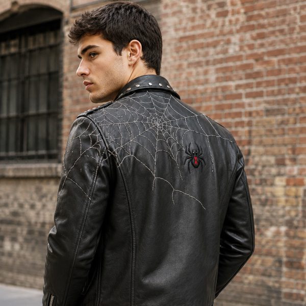 Man wearing black gothic biker jacket with spider web shoulder embroidery, front view