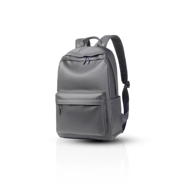 4 Grey minimalist leather backpack with padded straps, studio shot