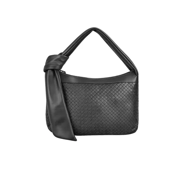 Black crocodile-embossed leather shoulder bag with knot handle, studio shot"