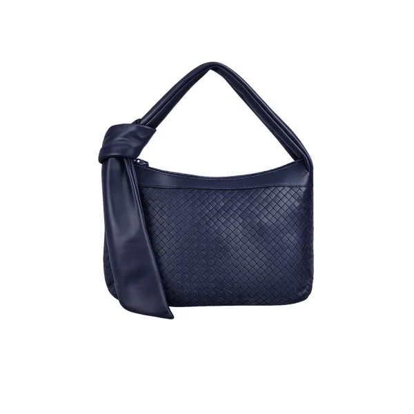 Navy blue crocodile-embossed leather shoulder bag with knot handle, studio shot