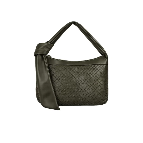 Olive green crocodile-embossed leather shoulder bag with knot handle, studio shot