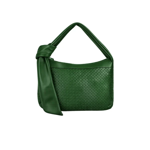 Dark green crocodile-embossed leather shoulder bag with knot handle, studio shot