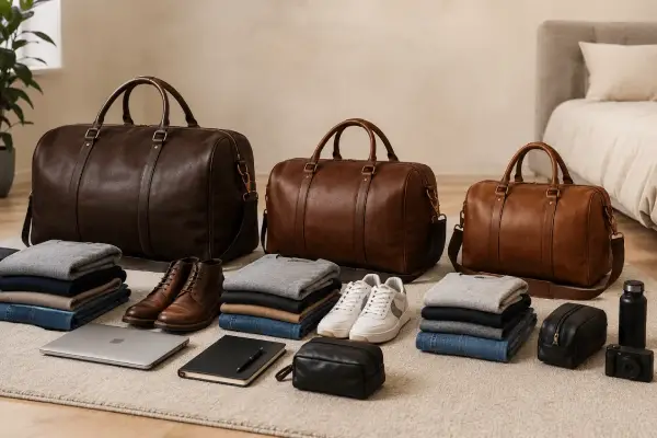 Three leather duffel bags in different sizes with packed clothing and travel gear