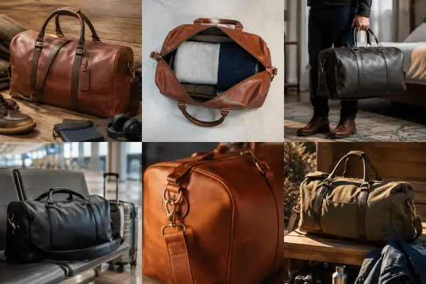 Collage of leather duffel bags in travel, airport, and lifestyle settings