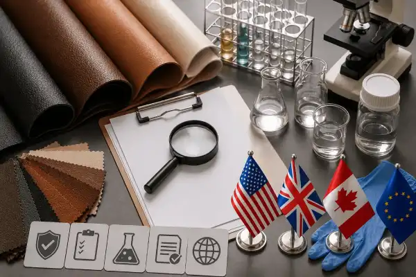 PU leather samples with lab testing equipment and US, UK, Canada, and EU flags representing compliance
