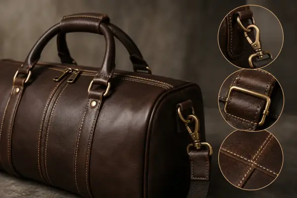 Close-up of leather duffel bag hardware showing clasps, buckle, and cross stitching detail