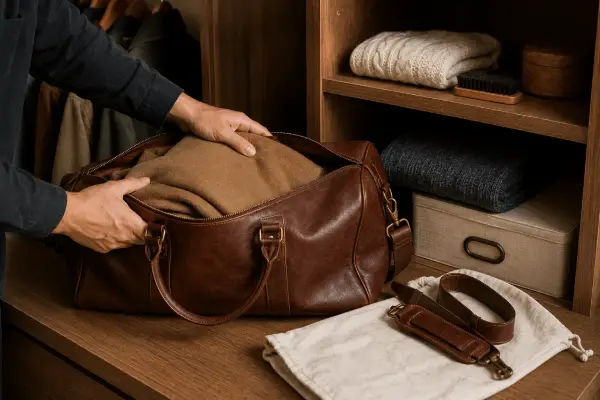 Folding clothes into a leather duffel bag on a closet shelf with dust bag nearby