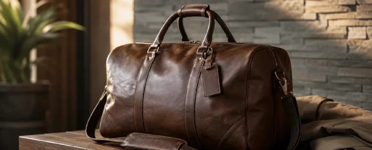 Brown leather duffel bag with luggage tag and shoulder strap, featured hero image