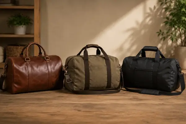 Leather, canvas, and nylon duffel bags side by side for material comparison