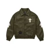 Cross Patch Leather Varsity Jacket in olive green - front view