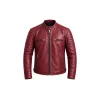 Front view of burgundy diamond quilted leather cafe racer jacket