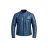 Front view of blue diamond quilted leather cafe racer jacket