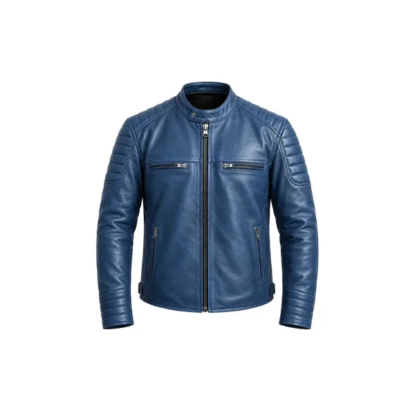Front view of blue diamond quilted leather cafe racer jacket
