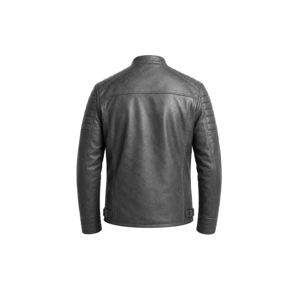 Back view of gray leather cafe racer jacket quilted shoulder detail
