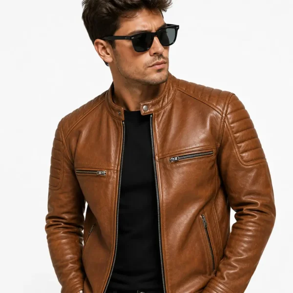 Front lifestyle photo of model wearing open cognac cafe racer jacket over black t-shirt