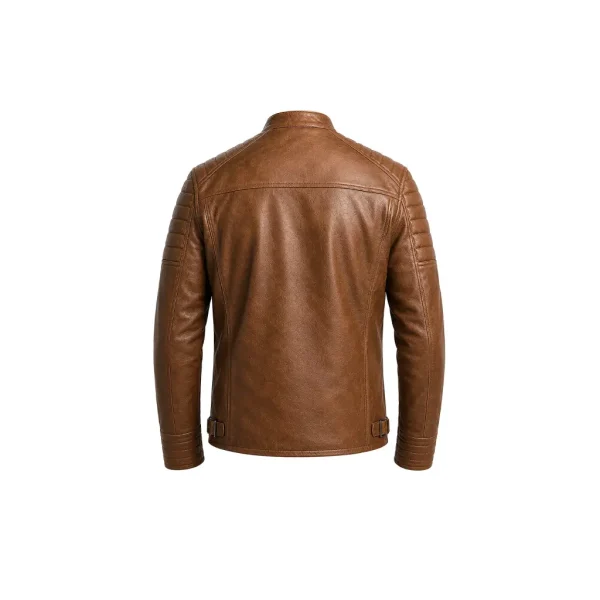 Back view of cognac leather cafe racer jacket showing quilted shoulder panels