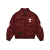 Cross Patch Leather Varsity Jacket in burgundy - front view