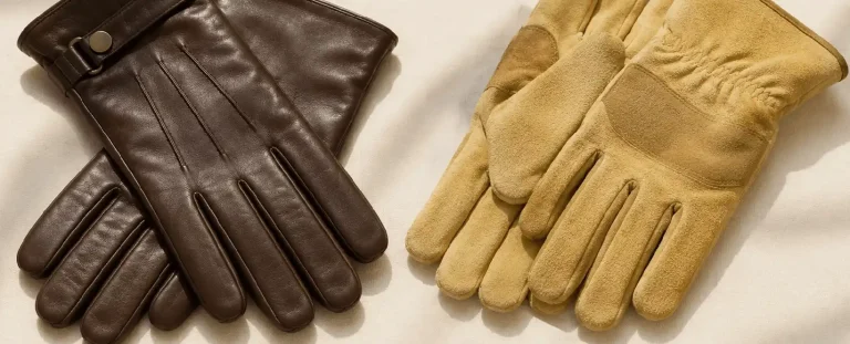 Dark brown smooth leather glove and tan suede leather glove displayed side by side