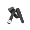 Black leather belt wholesale, folded flat showing buckle and adjustment holes