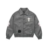 Cross Patch Leather Varsity Jacket in grey - front view