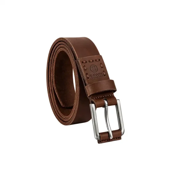 Brown leather belt wholesale, coiled, with stitched keeper loop"