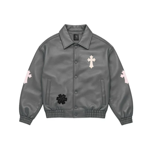 Cross Patch Leather Varsity Jacket in grey - front view